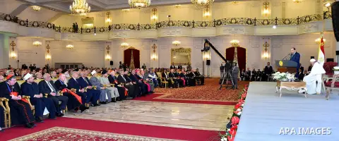 Egyptian President Abdel Fattah al-Sisi delivers a speech during a meeting with Pope Francis in Cairo on April 28, 2017. Francis, who started a two-day visit, has said he hoped his trip would contribute to dialogue with...