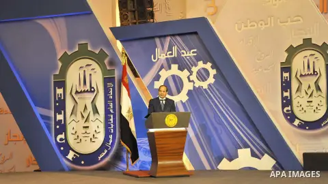 Egyptian President Abdel Fattah al-Sisi speaks during the ceremony to mark International Workers' Day or "Labour Day" in Cairo, Egypt, on April 30, 2017. Photo by Egyptian President Office