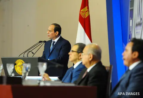 Egyptian President Abdel Fattah al-Sisi speaks during the ceremony to mark International Workers' Day or "Labour Day" in Cairo, Egypt, on April 30, 2017. Photo by Egyptian President Office