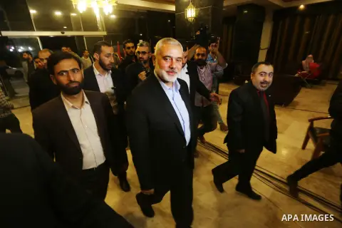 Senior political leaders of the Islamist movement, Ismail Haniyeh arrives before a meeting to announce Hamas political document (the document of general principles and policies), in Gaza city on May 01, 2017. Photo by Mo...