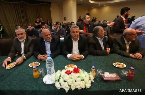 Palestinians attend a meeting to announce Hamas political document (the document of general principles and policies), in Gaza city on May 01, 2017. Photo by Mohammed Asad