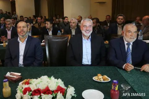 Senior political leaders of the Islamist movement, Ismail Haniyeh attends a meeting to announce Hamas political document (the document of general principles and policies), in Gaza city on May 01, 2017. Photo by Mohammed...