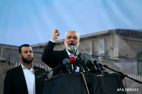 (FILES) This file photo taken on February 26, 2016 shows Palestinian islamist movement Hamas' chief, Ismail Haniya speaks during an anti-Israel rally in the southern Gaza Strip town of Rafah. Ismail Haniya was elected as...