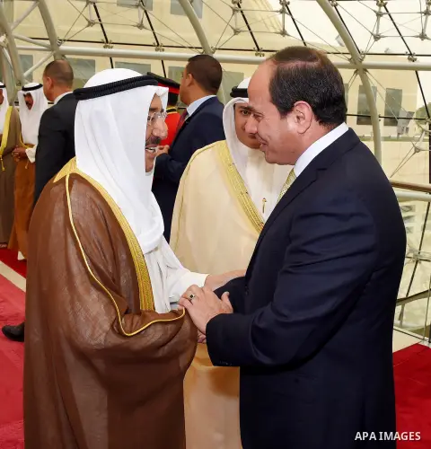 Emir of Kuwait Sheikh Sabah al-Ahmad al-Jaber al-Sabah receives Egyptian President Abdel Fattah al-Sisi in Kuwait City on May 07, 2017. Photo by Egyptian President Office