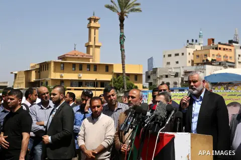 Newly elected Hamas chief, Ismail Haniya, speaks to the press during a sit-in in support of Palestinian hunger-striking prisoners held in Israeli jails, on May 8, 2017, in Gaza City. Photo by Ashraf Amra