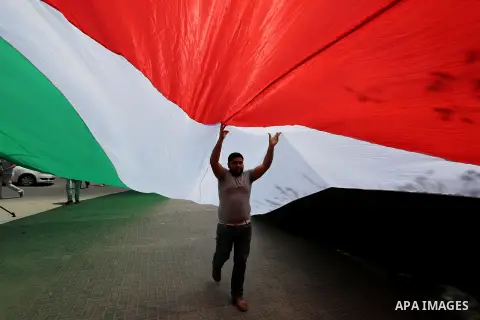 Palestinians take part in a rally to commemorate the 69th anniversary of the "Nakba" in Gaza City, on May 15, 2017. "Nakba" means in Arabic "catastrophe" in reference to the birth of the state of Israel 69-years-ago in B...