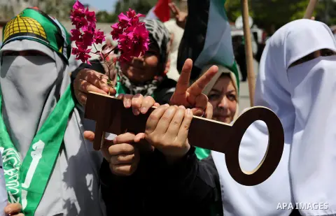 Palestinians take part in a rally to commemorate the 69th anniversary of the "Nakba" in Gaza City, on May 15, 2017. "Nakba" means in Arabic "catastrophe" in reference to the birth of the state of Israel 69-years-ago in B...