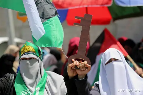 Palestinians take part in a rally to commemorate the 69th anniversary of the "Nakba" in Gaza City, on May 15, 2017. "Nakba" means in Arabic "catastrophe" in reference to the birth of the state of Israel 69-years-ago in B...