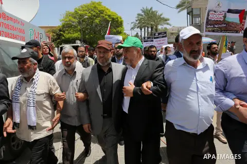 Palestinians take part in a rally to commemorate the 69th anniversary of the "Nakba" in Gaza City, on May 15, 2017. "Nakba" means in Arabic "catastrophe" in reference to the birth of the state of Israel 69-years-ago in B...