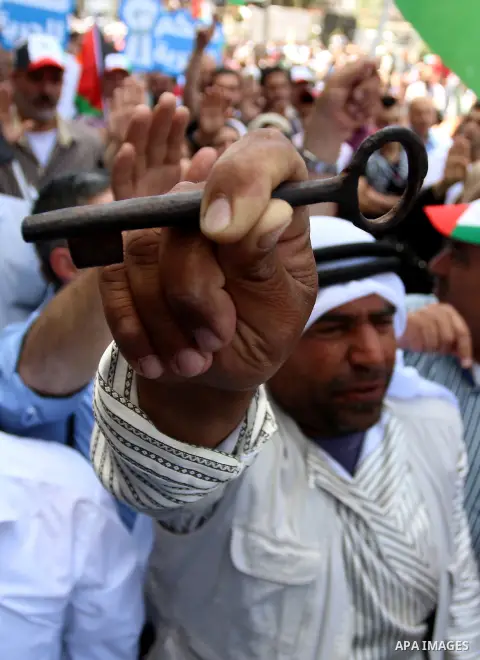 Palestinians take part in a rally to commemorate the 69th anniversary of the "Nakba" in the West Bank city of Nablus, on May 15, 2017. "Nakba" means in Arabic "catastrophe" in reference to the birth of the state of Israe...
