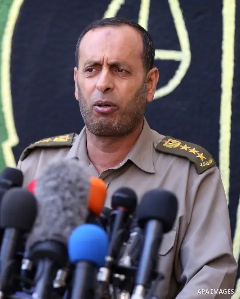 Brigadier General, Naser Soliman, speaks during a conference at the military court in Gaza City, on May 21, 2017. A court in the Gaza Strip sentenced three men to death over the assassination of a Hamas military commande...