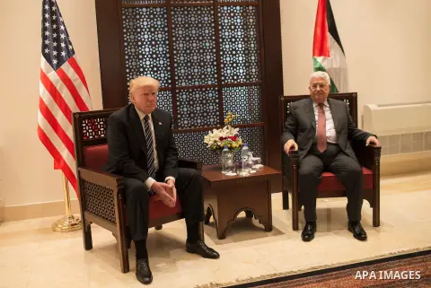 Palestinian President Mahmoud Abbas meeta with U.S. President Donald Trump at the presidential headquarters in the West Bank town of Bethlehem, May 23, 2017. APAIMAGES/Fadi Arouri/Pool