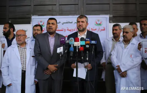 Director General of Pharmacy in the Ministry of Health, Mounir El Barsh, speaks to media during a protest against decision of Palestinian Authority halting shipments of baby formula and medicines to hospitals on Gaza str...