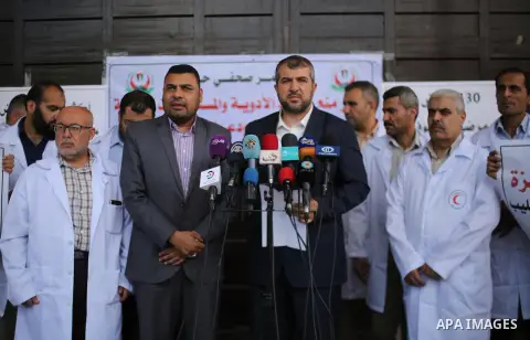 Director General of Pharmacy in the Ministry of Health, Mounir El Barsh, speaks to media during a protest against decision of Palestinian Authority halting shipments of baby formula and medicines to hospitals on Gaza str...