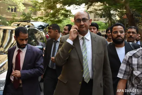 Former Egyptian presidential candidate and rights lawyer Khaled Ali, gestures upon his arrival in Cairo on May 24, 2017, after after he was released on bail. Ali, a former Egyptian presidential candidate and rights lawye...