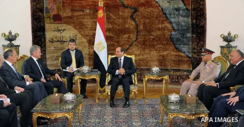 Egyptian President Abdel Fattah al-Sisi meets with Russian Defense Minister Sergei Shoigu and Foreign Minister Sergei Lavrov, in Cairo, Egypt, on May 29, 2017. Photo by Egyptian President Office