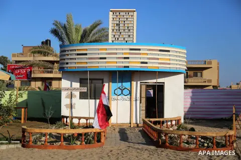 A Picture shows a wooden a wooden sculpture of Cairo's landmark Radio and Television building at a technical site in the southern Gaza Strip town of Rafah, near the border with Egypt, on June 1, 2017. Young artists Pales...