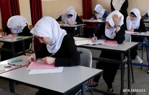 Palestinian female students sit for their final high school exams, known as "Tawjihi" in Gaza city on June 03, 2017. More than 72,000 students in the West Bank and Gaza Strip start Saturday their Tawjihi exam that qualif...