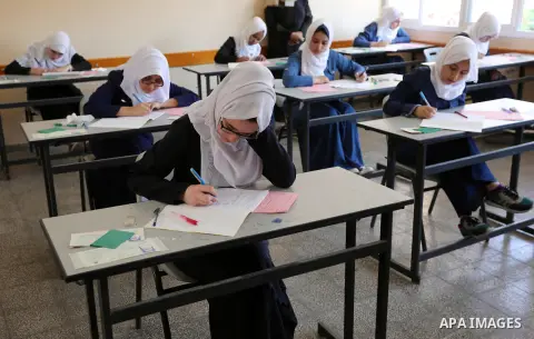Palestinian female students sit for their final high school exams, known as "Tawjihi" in Gaza city on June 03, 2017. More than 72,000 students in the West Bank and Gaza Strip start Saturday their Tawjihi exam that qualif...