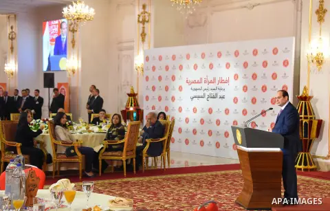 Egyptian President Abdel Fattah al-Sisi speaks during Iftar meal during a ceremony of women's year on the Muslim holy fasting month of Ramadan in Cairo, Egypt, on June 03, 2017. Ramadan is sacred to Muslims because it is...
