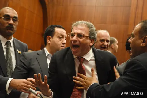 Members of legislative committee in Egypt's parliament attend a meeting to discuss a government agreement to hand over two Red Sea islands Tiran and Sanafir to Saudi Arabia, in Cairo, Egypt, on June 12, 2017. Photo by St...