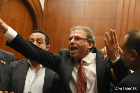 Members of legislative committee in Egypt's parliament attend a meeting to discuss a government agreement to hand over two Red Sea islands Tiran and Sanafir to Saudi Arabia, in Cairo, Egypt, on June 12, 2017. Photo by St...
