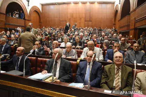 Members of legislative committee in Egypt's parliament attend a meeting to discuss a government agreement to hand over two Red Sea islands Tiran and Sanafir to Saudi Arabia, in Cairo, Egypt, on June 12, 2017. Photo by St...