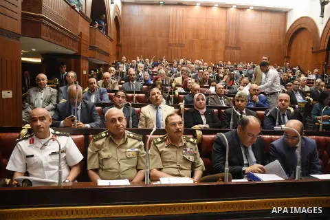 Members of legislative committee in Egypt's parliament attend a meeting to discuss a government agreement to hand over two Red Sea islands Tiran and Sanafir to Saudi Arabia, in Cairo, Egypt, on June 12, 2017. Photo by St...