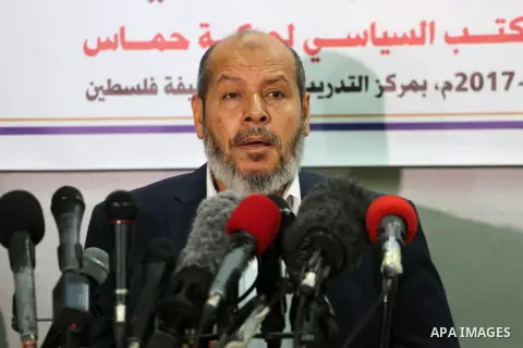 Senior Hamas leader Khalil al-Hayah speaks during a press conference in Gaza city on June 18, 2017. Photo by Mohammed Asad