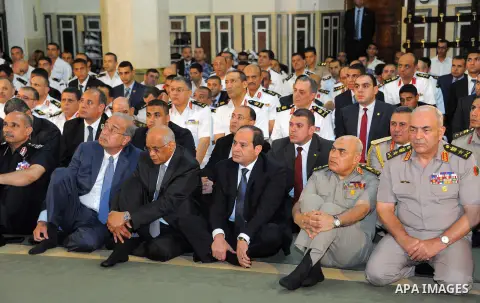 Egyptian President Abdel Fattah al-Sisi performs the morning prayer of Eid al-Fitr holiday which marks the end of the Muslim holy month of Ramadan, in Cairo, Egypt, on June 25, 2017. Photo by Egyptian President Office