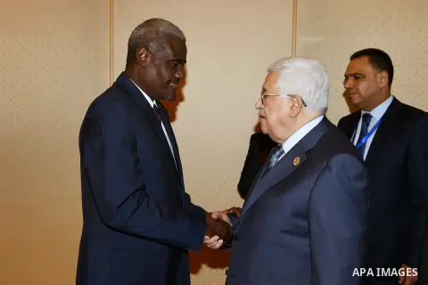 Palestinian President Mahmoud Abbas meets with chairman of the African Union Commission Moussa Faki, on the sidelines of the 29th Ordinary Session of the Assembly of the Heads of State and the Governments, in Addis Ababa...