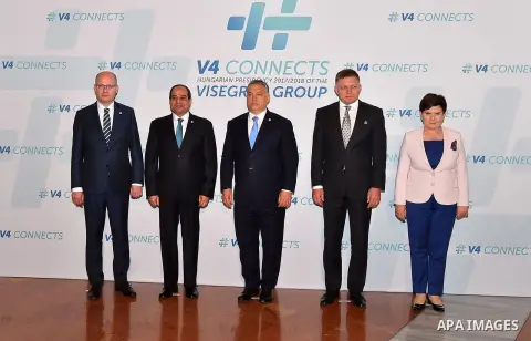 Participants of a summit of the Visegrad group countries (V4) and Egypt, (L to R) Prime Minister of the Czech Republic Bohuslav Sobotka, Egyptian President Abdel Fattah al-Sisi, Hungarian Pime Minister Viktor Orban, Slov...