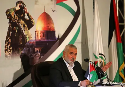Hamas Chief Ismail Haniyeh gives a speech in Gaza City on July 5, 2017. Haniya said that meetings between his movement and the Egyptian authorities would ease the siege imposed on the Gaza Strip for more than a decade. P...