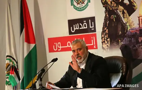 Hamas Chief Ismail Haniyeh gives a speech in Gaza City on July 5, 2017. Haniya said that meetings between his movement and the Egyptian authorities would ease the siege imposed on the Gaza Strip for more than a decade. P...