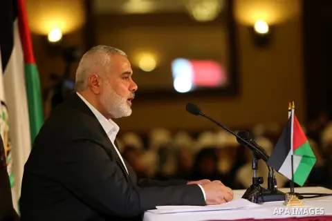 Hamas Chief Ismail Haniyeh gives a speech in Gaza City on July 5, 2017. Haniya said that meetings between his movement and the Egyptian authorities would ease the siege imposed on the Gaza Strip for more than a decade. P...