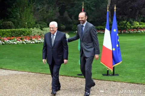 Palestinian President Mahmoud Abbas, meets with French Prime Minister Edward Philippe in Paris, on July 5, 2017. Photo by Thaer Ganaim