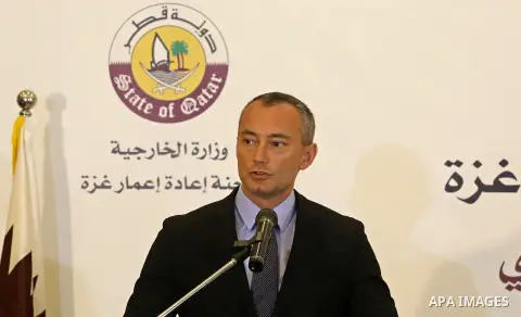 UN Special Coordinator for the United Nations for the peace process in the Middle East, Nikolay Mladenov, speaks during a press confrence with Qatar's Ambassador to the Palestinian Authority Mohammed Al Emadi, in Gaza Ci...
