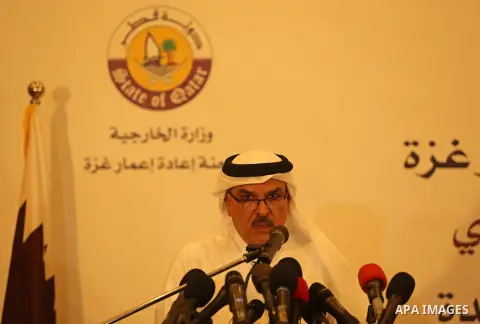 Qatar's Ambassador to the Palestinian Authority, Mohammed Al Emadi speaks during a press confrence with UN Special Coordinator for the United Nations for the peace process in the Middle East Nikolay Mladenov, in Gaza Cit...