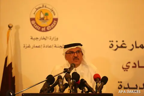 Qatar's Ambassador to the Palestinian Authority, Mohammed Al Emadi speaks during a press confrence with UN Special Coordinator for the United Nations for the peace process in the Middle East Nikolay Mladenov, in Gaza Cit...