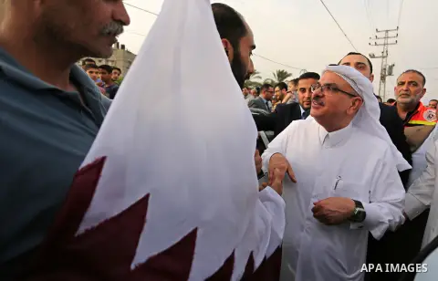 Qatar's Ambassador to the Palestinian Authority, Mohammed Al Emadi attends the opening ceremony of rebuild Salah Al-Deen street project -Phase IV- funded by Qatar in al-Nusairat in the center of Gaza strip, on July 11, 2...