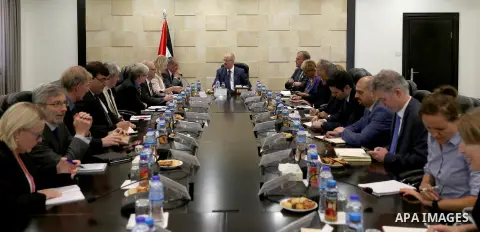 Palestinian Prime minister Rami Hamadallah meets with a mbassadors, consuls and representatives of the European Union, in the West Bank city of Ramallah,on July 20, 2017. Photo by Prime Minister Office