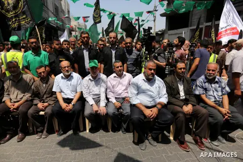 Yahya Sinwar the new leader of the Hamas Islamist movement in the Gaza Strip takes part in a protest against Israel's new security measures at the entrance to the al-Aqsa mosque compound, which include metal detectors an...