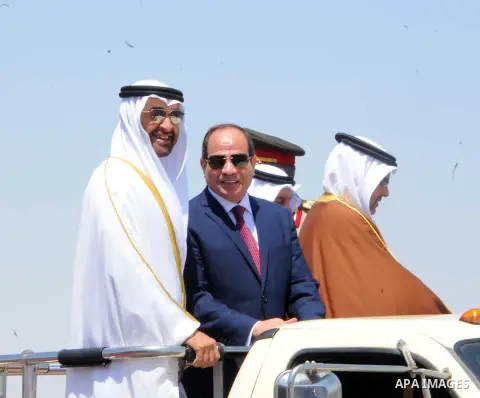 Egyptian President Abdel Fattah al-Sisi rides a vehicle with Arab leaders Sheikh Mohammed bin Zayed, Crown Prince of Abu Dhabi, Salman Bin Hamad Al Khalifa, Crown Prince of Bahrain, Prince Khalid Al-Faisal, Governor of M...