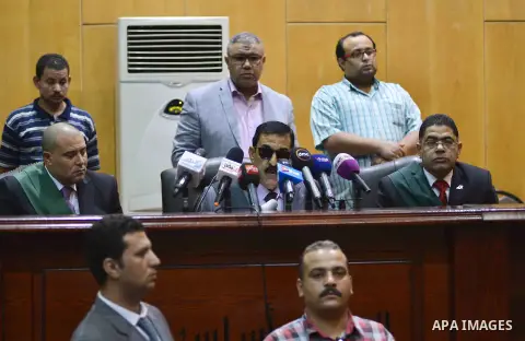 Head of Giza Criminal Court, Judge Mohamed Nagy Shehata attends the trial of Egyptian defendants at "Cabinet Incidents" case at the court in Cairo, Egypt, on July 25, 2017. An Egyptian criminal court sentenced 43 activis...