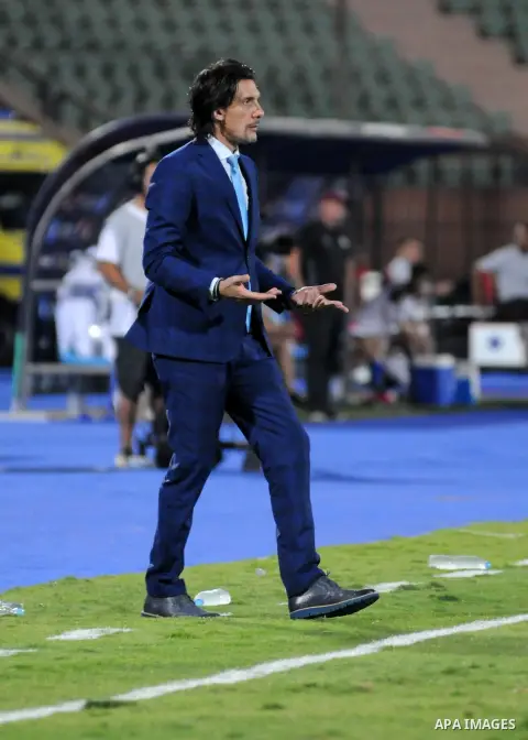 Jordan's Al-Faisaly coach Nebojsa Jovovic reacts during the match between his club and UAE's Al-Wahda clup at Arab Club championship at Al-Salam Stadium in Cairo, Egypt on July 28, 2017. Photo by Amr Sayed