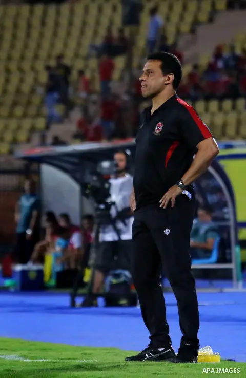Al Ahly coach Hossam El-Badry reacts during his club match with Al-Nassr Hussein Dey club at Arab Club championship at Al-Salam Stadium in Cairo, Egypt on July 28, 2017. Photo by Amr Sayed