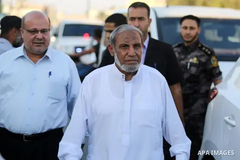 Senior Hamas leader Mahmoud al-Zahar attends the opening ceremony of Mazen Faqha square, in Nusseirat refugee camp, in the central Gaza Strip, on August 6, 2017. Photo by Ashraf Amra