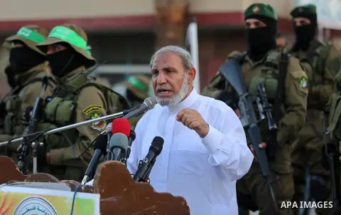 Senior Hamas leader Mahmoud al-Zahar speaks during the opening ceremony of Mazen Faqha square, in Nusseirat refugee camp, in the central Gaza Strip, on August 6, 2017. Photo by Ashraf Amra