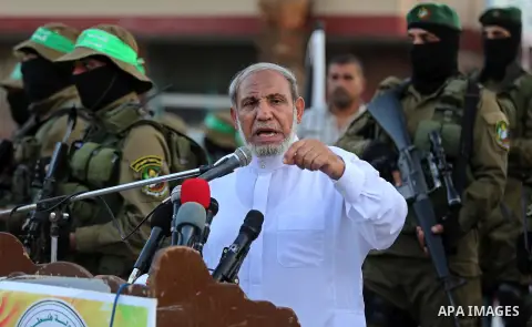 Senior Hamas leader Mahmoud al-Zahar speaks during the opening ceremony of Mazen Faqha square, in Nusseirat refugee camp, in the central Gaza Strip, on August 6, 2017. Photo by Ashraf Amra