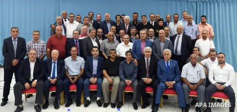 Palestinian President Mahmoud Abbas meets with the General Assembly of the Palestinian Olympic Committee in the West Bank city of Ramallah on August 9, 2017. Photo by Palestinian President Office